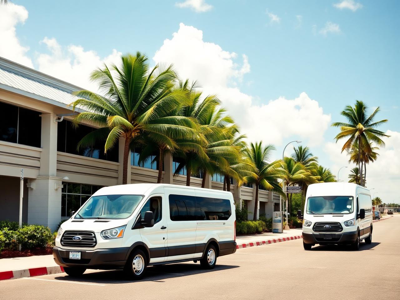 Passenger vans waiting at the Providenciales airport pickup area
