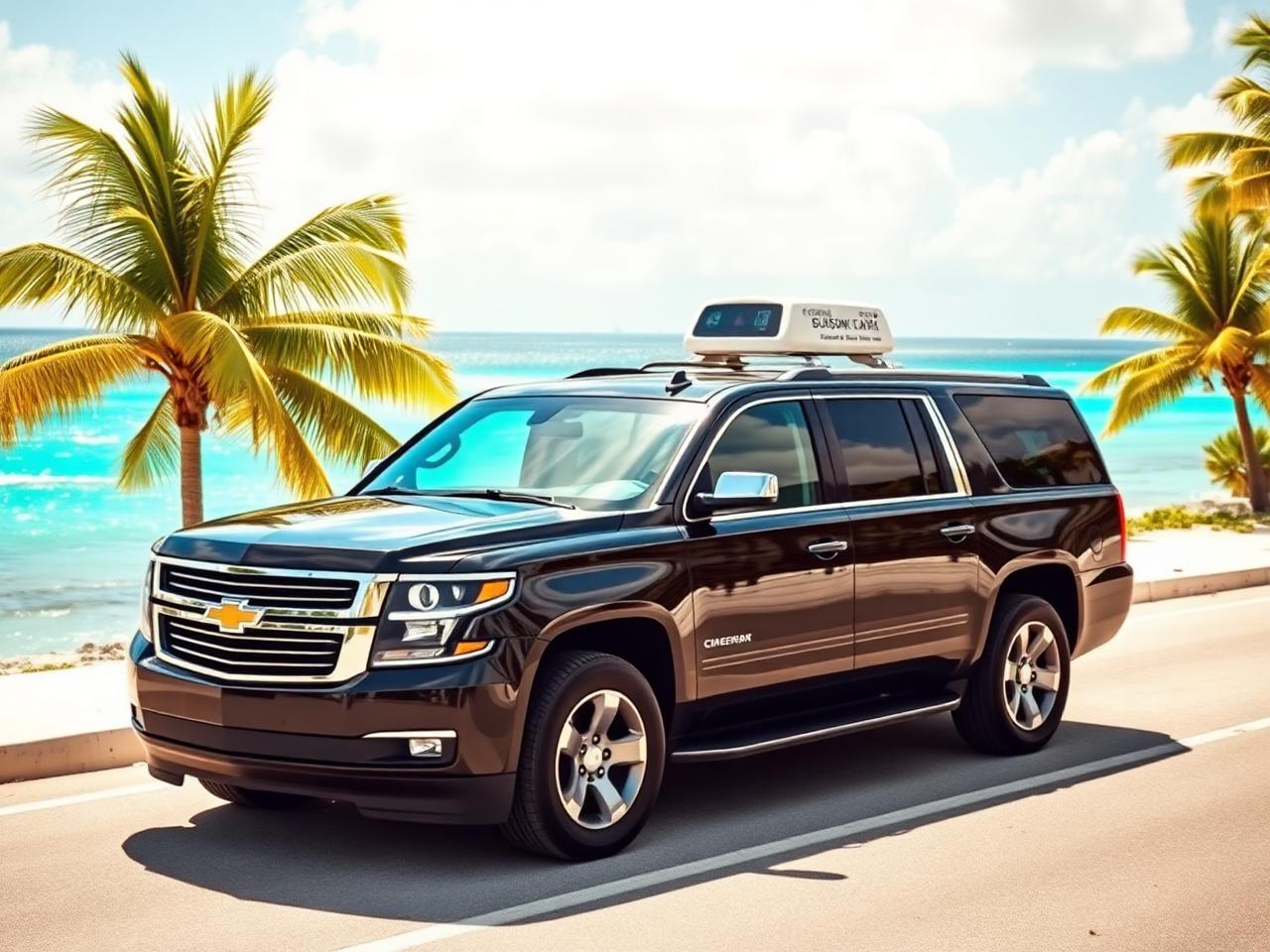 Black Chevrolet Suburban SUV on a coastal road in Providenciales
